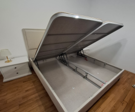 Boxspring Postelja Hamilton, Komplet z dvižnim dnom, predalom in vzmetnico 160x200 , Barva bež, mikrotkanina