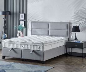 Boxspring postelja Havana, Komplet z dvižnim dnom, predalom in vzmetnico 180x200 , Barva siva mikrotkanina