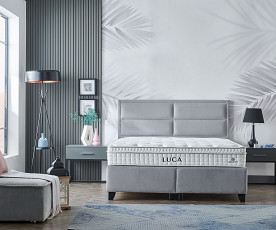 Boxspring postelja Havana, Komplet z dvižnim dnom, predalom in vzmetnico 180x200 , Barva siva mikrotkanina