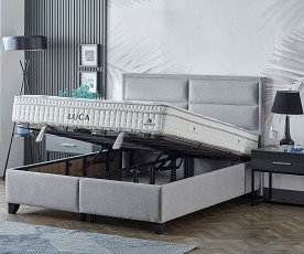 Boxspring postelja Havana, Komplet z dvižnim dnom, predalom in vzmetnico 180x200 , Barva siva mikrotkanina