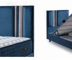 Boxspring postelja Libra, Komplet z dvižnim dnom, predalom in vzmetnico 90x200 , Barva modra, siva mikrotkanina