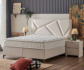 Boxspring postelja Linea, Komplet z dvižnim dnom, predalom in vzmetnico 180x200 , Barva bež