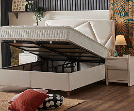 Boxspring postelja Linea, Komplet z dvižnim dnom, predalom in vzmetnico 180x200 , Barva bež