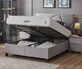 Boxspring postelja Linea, Komplet z dvižnim dnom, predalom in vzmetnico 180x200 , Barva siva
