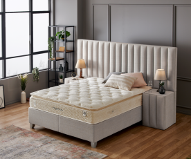 Boxspring KOMPLET Z VZMETNICO in NOČNIMA OMARICAMA Postelja Lotus 2 200X200 cm Barva bež, po naročilu