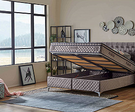 Boxspring postelja Magnifique Deluxe, Komplet z dvižnim dnom, predalom in vzmetnico 180x200 , Barva siva, po naročilu