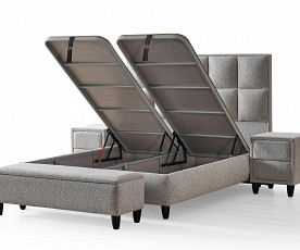 Boxspring Postelja Magic, Komplet z dvižnim dnom, predalom in vzmetnico 180x200 , Barva sveto siva tkanina