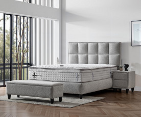 Boxspring Postelja Magic, Komplet z dvižnim dnom, predalom in vzmetnico 180x200 , Barva sveto siva tkanina