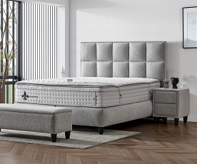 Boxspring Postelja Magic, Komplet z dvižnim dnom, predalom in vzmetnico 180x200 , Barva sveto siva tkanina