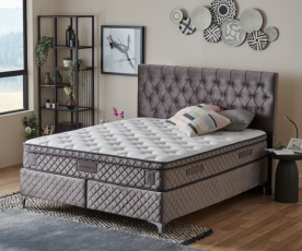 Boxspring postelja Magnifique Deluxe, Komplet z dvižnim dnom, predalom in vzmetnico 180x200 , Barva siva, po naročilu