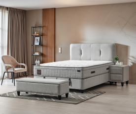 Boxspring Postelja Melbourne, Komplet z dvižnim dnom, predalom in vzmetnico 180x200 , Barva svetlo siva tkanina