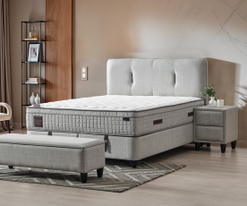 Boxspring Postelja Melbourne, Komplet z dvižnim dnom, predalom in vzmetnico 180x200 , Barva svetlo siva tkanina