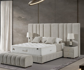 Boxspring postelja Montana, Komplet z dvižnim dnom, predalom in vzmetnico 180x200 , Barva bež tkanina, po naročilu