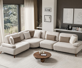 Sedežna garnitura, Moon, Barva bež, leva ali desna postavitev / VZMETENO, po naročilu