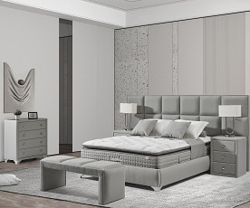 Boxspring postelja Naomi, Komplet z dvižnim dnom, predalom in vzmetnico 200x200 , Barva siva tkanina, po naročilu