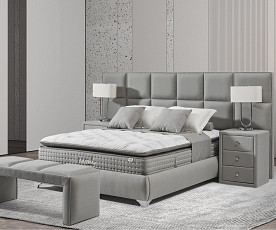 Boxspring postelja Naomi, Komplet z dvižnim dnom, predalom in vzmetnico 200x200 , Barva siva tkanina, po naročilu