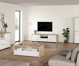 Tv element Next Barva divji hrast, bela visoki sijaj, po naročilu