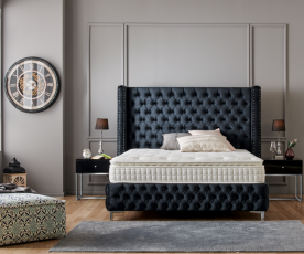 Boxspring postelja Pandora, Komplet z dvižnim dnom, predalom in vzmetnico 140x200 , Barva grafitno črna