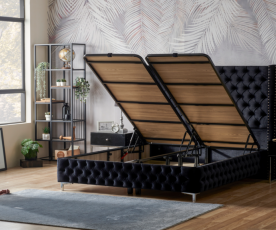 Boxspring postelja Pandora, Komplet z dvižnim dnom, predalom in vzmetnico 140x200 , Barva grafitno črna