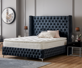 Boxspring postelja Pandora, Komplet z dvižnim dnom, predalom in vzmetnico 140x200 , Barva grafitno črna