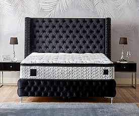 Boxspring postelja Pandora, Komplet z dvižnim dnom, predalom in vzmetnico 180x200 , Barva grafitno črna