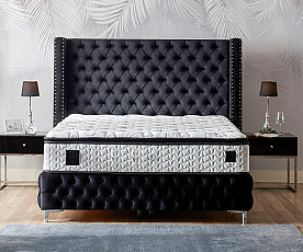 Boxspring postelja Pandora, Komplet z dvižnim dnom, predalom in vzmetnico 140x200 , Barva grafitno črna