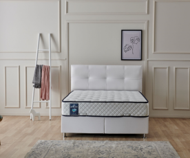 Boxspring postelja Perla, Komplet z dvižnim dnom, predalom in vzmetnico 90x200 , Barva bela