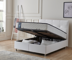 Boxspring postelja Perla, Komplet z dvižnim dnom, predalom in vzmetnico 90x200 , Barva bela