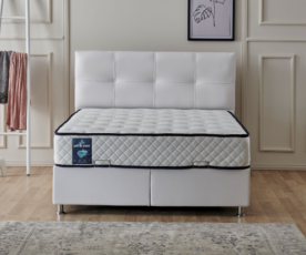 Boxspring postelja Perla, Komplet z dvižnim dnom, predalom in vzmetnico 140x200 , Barva bela