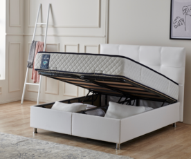 Boxspring postelja Perla, Komplet z dvižnim dnom, predalom in vzmetnico 120x200 , Barva bela