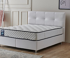 BOXSPRING KOMPLET: Postelja Perla 160x200 z dvižnim dnom, predalom in vzmetnico, Barva bela