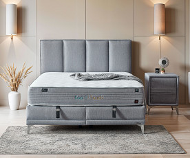 Boxspring postelja Montebello, Komplet z dvižnim dnom, predalom in vzmetnico 180x200 , Barva siva