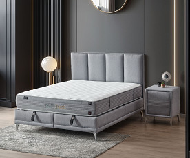 Boxspring postelja Montebello, Komplet z dvižnim dnom, predalom in vzmetnico 180x200 , Barva siva