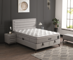 Boxspring Postelja Casaletto, Komplet z dvižnim dnom, predalom in vzmetnico 160x200 , Barva sveto siva tkanina, po naročilu