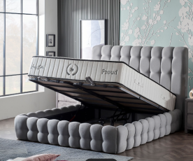 Boxspring postelja Pouf Komplet z dvižnim dnom, predalom in vzmetnico 180x200 , Barva siva, po naročilu