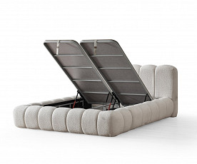 Boxspring Postelja Pouf 01, Komplet z dvižnim dnom, predalom in vzmetnico 180x200 , Barva bež tkanina