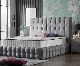 Boxspring postelja Pouf Komplet z dvižnim dnom, predalom in vzmetnico 180x200 , Barva siva, po naročilu
