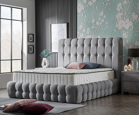 Boxspring postelja Pouf Komplet z dvižnim dnom, predalom in vzmetnico 180x200 , Barva siva, po naročilu