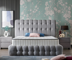Boxspring postelja Pouf Komplet z dvižnim dnom, predalom in vzmetnico 180x200 , Barva siva, po naročilu