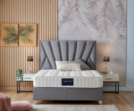 BOXSPRING KOMPLET: Postelja Queen 180x200 z dvižnim dnom, predalom in vzmetnico, Barva siva