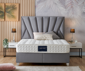 Boxspring postelja Queen, Komplet z dvižnim dnom, predalom in vzmetnico 180x200 , Barva siva