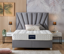 BOXSPRING KOMPLET: Postelja Queen 180x200 z dvižnim dnom, predalom in vzmetnico, Barva siva