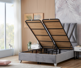 Boxspring postelja Queen, Komplet z dvižnim dnom, predalom in vzmetnico 180x200 , Barva siva