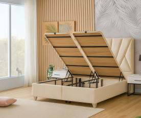 Boxspring postelja Queen, Komplet z dvižnim dnom, predalom in vzmetnico 200x200 , Barva bež, po naročilu