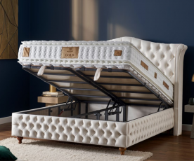 Boxspring postelja Royal, Komplet z dvižnim dnom, predalom in vzmetnico 90x200 , Barva bež, po naročilu