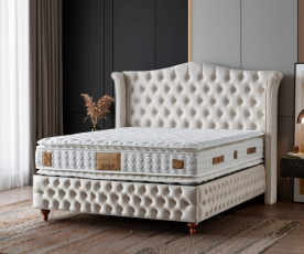 Boxspring postelja Royal, Komplet z dvižnim dnom, predalom in vzmetnico 120x200 , Barva bež, po naročilu