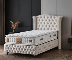 Boxspring postelja Royal, Komplet z dvižnim dnom, predalom in vzmetnico 90x200 , Barva bež, po naročilu