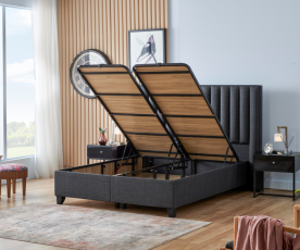 Boxspring postelja Style, Komplet z dvižnim dnom, predalom in vzmetnico 200x200 , Barva siva, po naročilu
