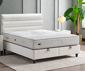 Boxspring postelja Thermo, Komplet z dvižnim dnom, predalom in vzmetnico 160x200 , Barva bež, po naročilu