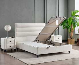 Boxspring postelja Thermo, Komplet z dvižnim dnom, predalom in vzmetnico 200x200 , Barva bež, po naročilu